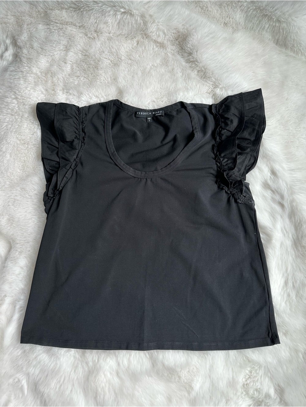 Veronica Beard Black Ruffle Cap-Sleeve Tee